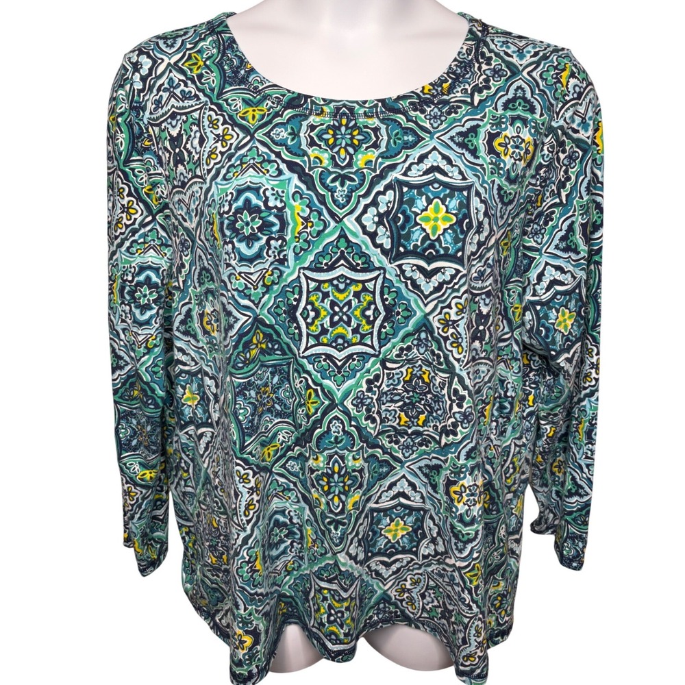 T BY TALBOTS Womens Blue Green Geometric Long Sleeve Tee 2X Stretch Boho Casual